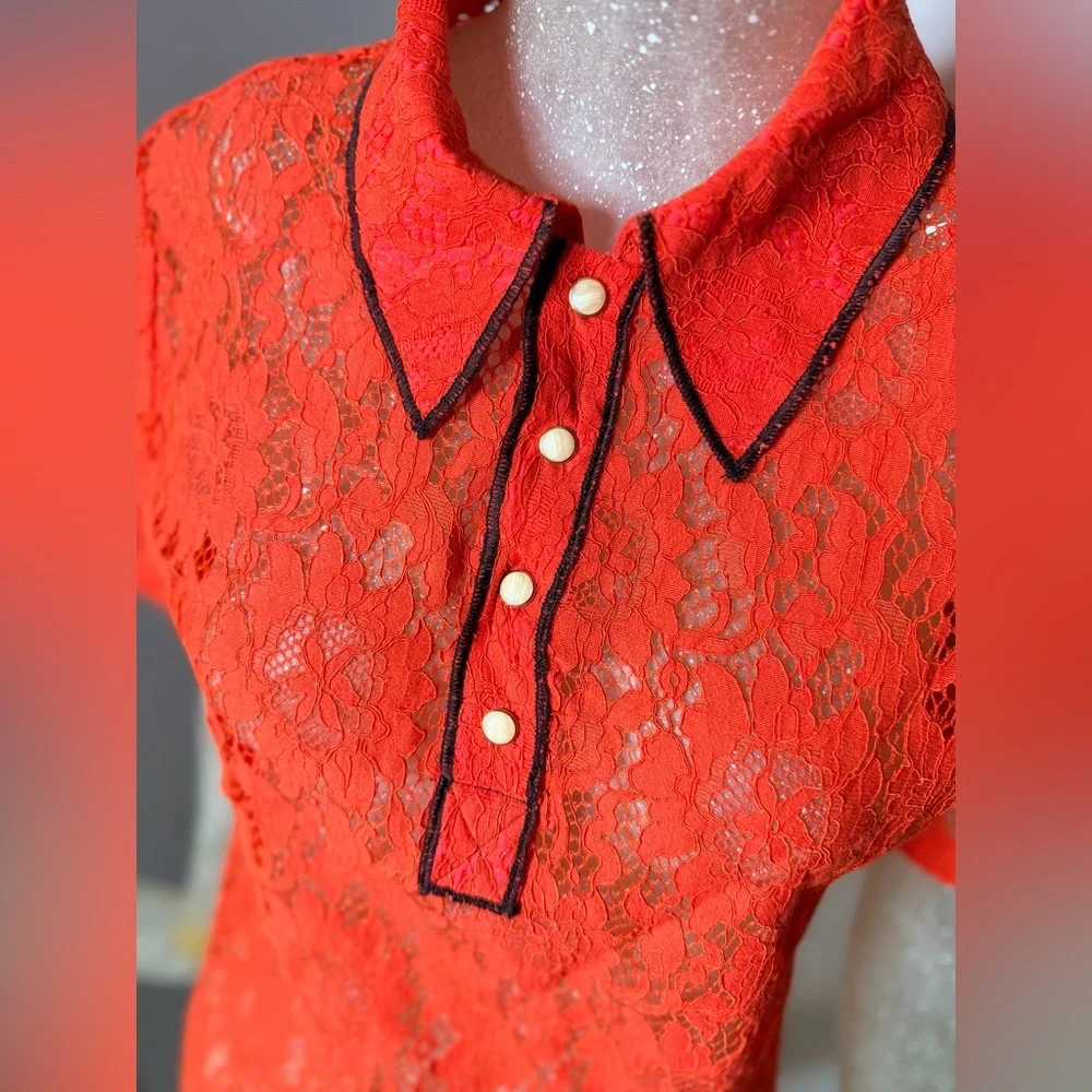 ❤️No. 6 Store Diedre Red Lace Polo Shirt w/ Button Down. Size Medium - Picture 7 of 11